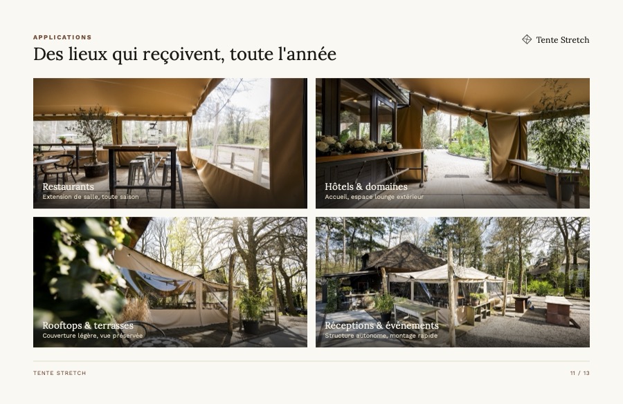 Page du catalogue présentant les applications des tentes stretch