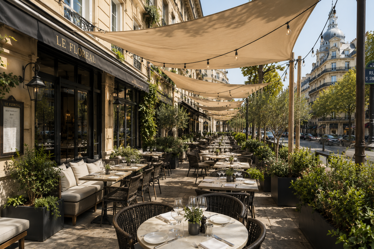 Tente stretch installée sur une terrasse professionnelle